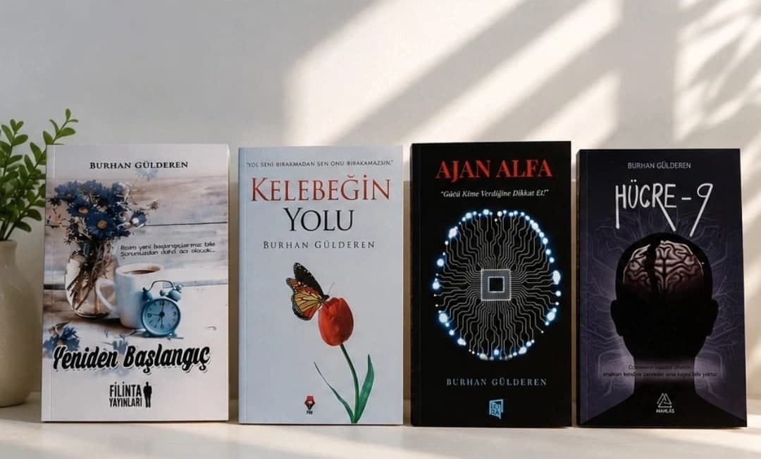 Burhan Gülderen'in dört kitabı yan yana: Yeniden Başlangıç, Kelebeğin Yolu, Ajan Alfa ve Hücre -9